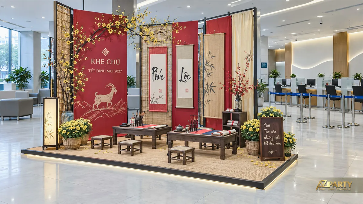 Góc Khe Chữ tại sảnh giao dịch với vách đỏ, hai bàn gỗ và cành mai