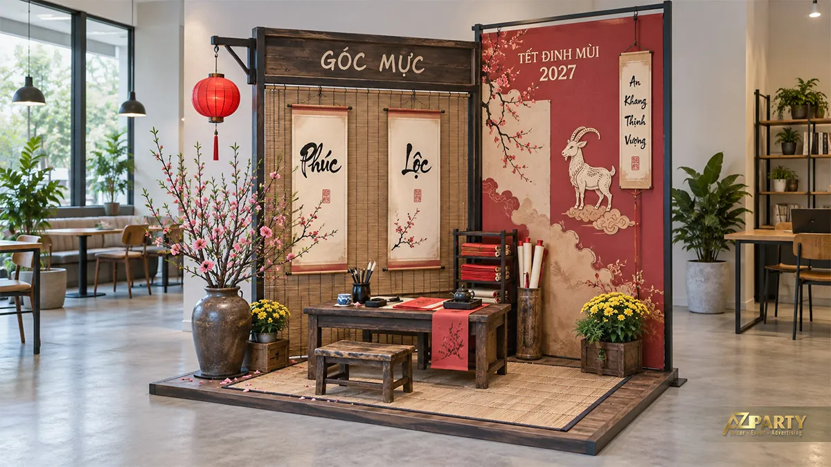 Góc Mực nhỏ trong quán với mành tre, tranh chữ, bàn gỗ và hoa đào
