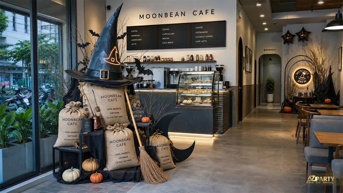 Tiểu cảnh phù thủy Moonbean Cafe với mũ nhọn khổng lồ, bao cà phê, chổi và bí ngô