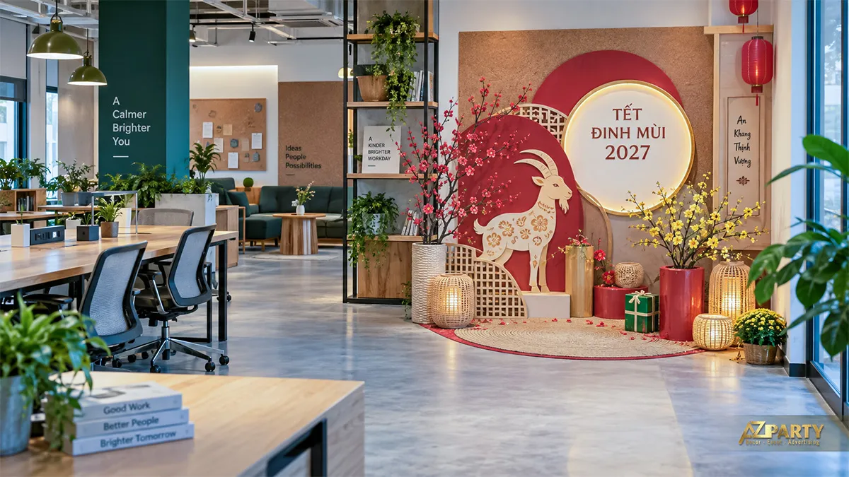 Không gian đón Tết tại văn phòng mở với backdrop tròn đỏ kem và đèn mây