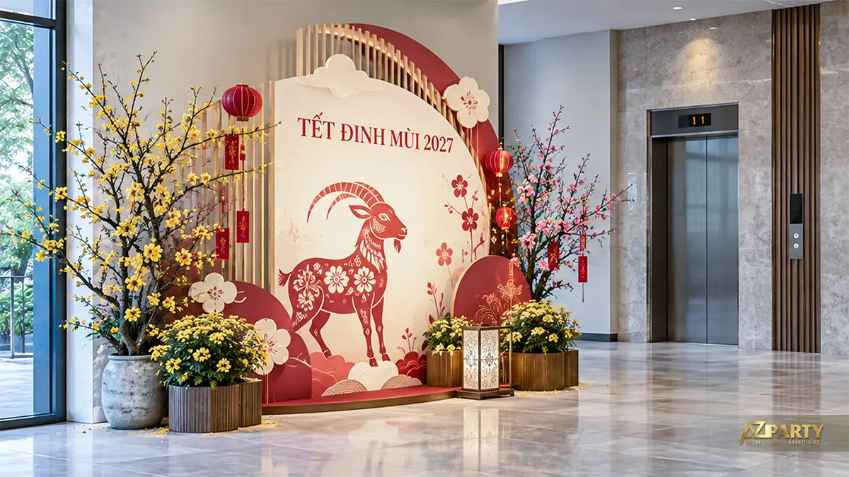 Tiểu cảnh cạnh thang máy với nền kem, hình dê, cành mai và cành đào