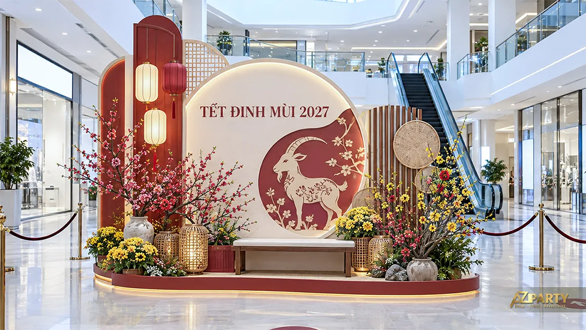 Điểm chụp ảnh trong trung tâm thương mại với hình dê, đèn mây và cành hoa
