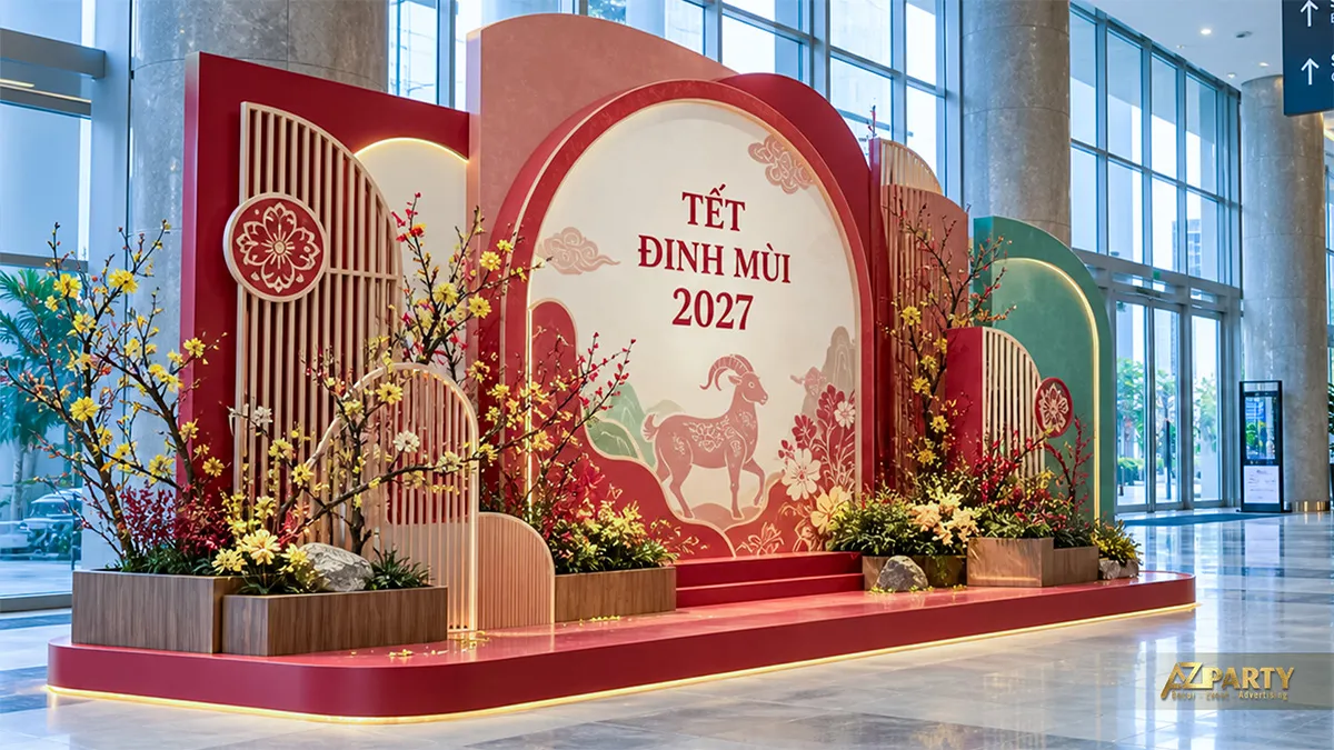 Backdrop nhiều lớp ở sảnh tòa nhà với cành mai, cành đào và hình dê
