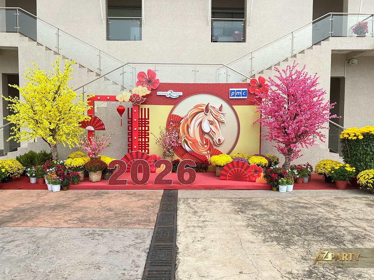 Toàn cảnh tiểu cảnh Tết 2026 do PMC dành tặng cư dân Riverside Residence