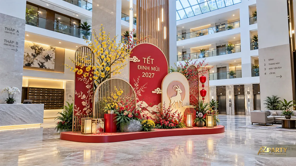 Sảnh chung cư với hoa mai đào, đèn lồng và hình dê trên nền đỏ