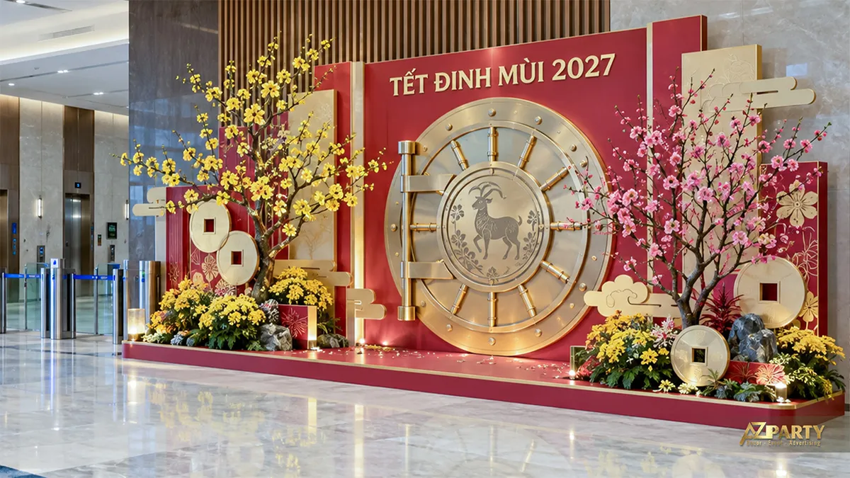Tiểu cảnh tại hành lang với biểu tượng két sắt, đồng tiền và hoa mai đào