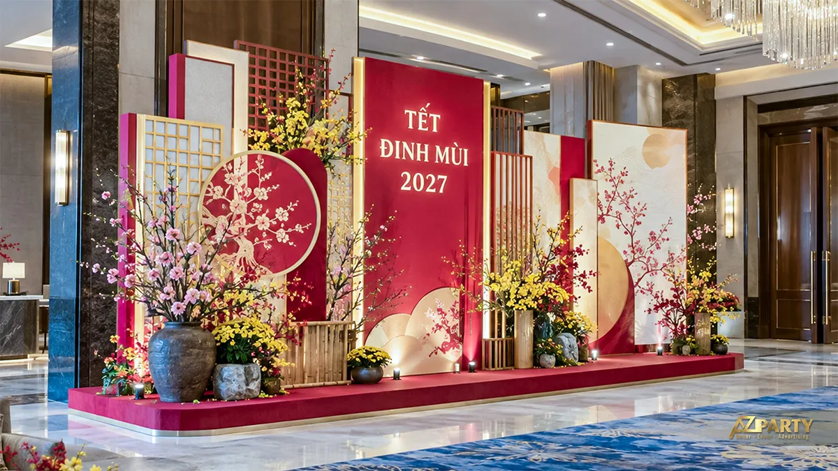 Backdrop Tết trong khách sạn với bình hoa đào, vách gỗ và đèn hắt