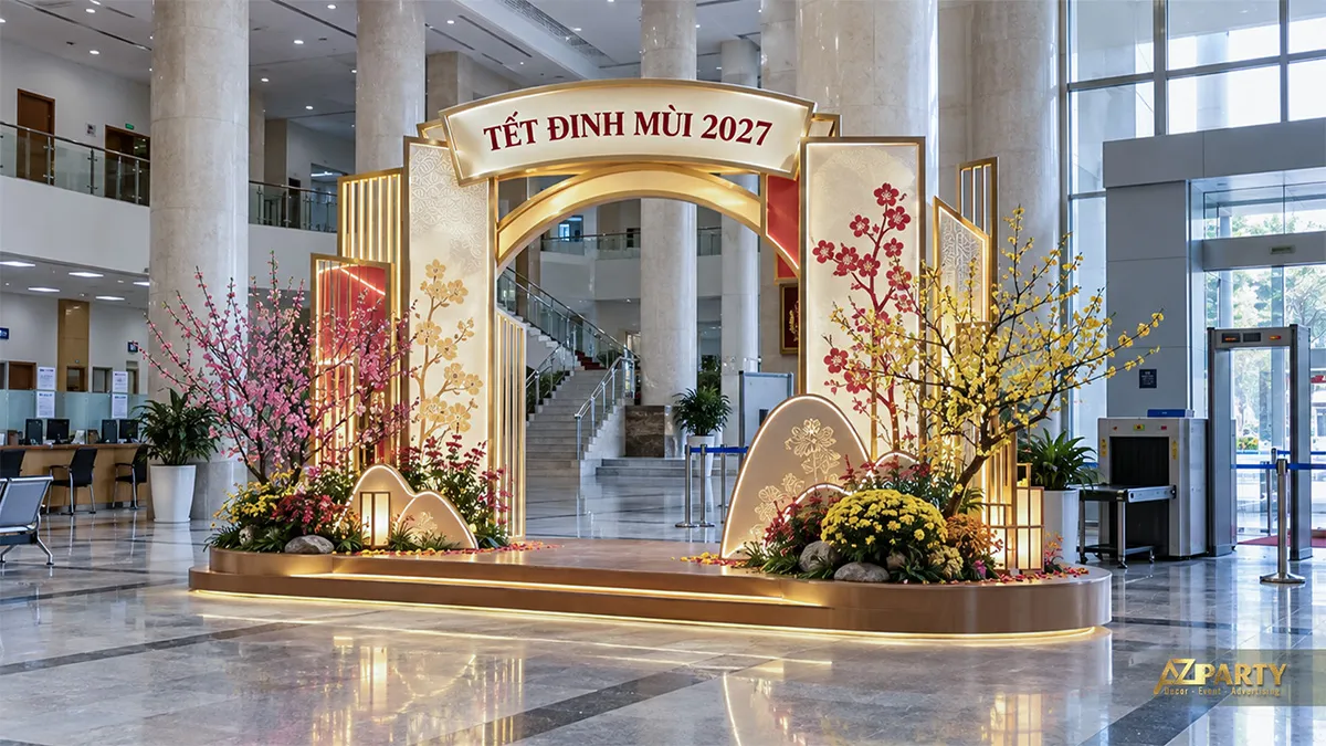 Cổng chào vàng kem trong sảnh rộng với cành mai đào và chậu cúc
