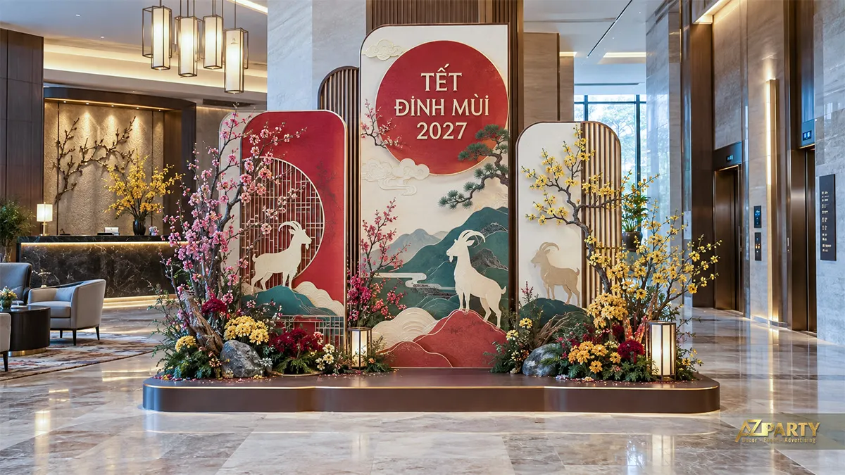 Sảnh thang máy với tranh dê, cảnh núi, cành mai đào và đèn lồng