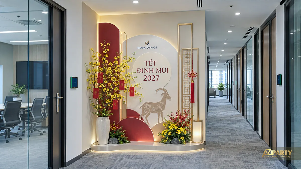 Tiểu cảnh dọc hành lang văn phòng với cành mai, hình dê và đèn lồng