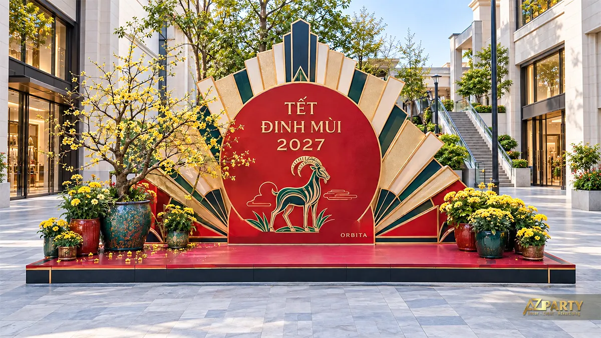 Backdrop tròn đỏ ở lối đi ngoài trời với hình dê, hoa mai và chậu cúc