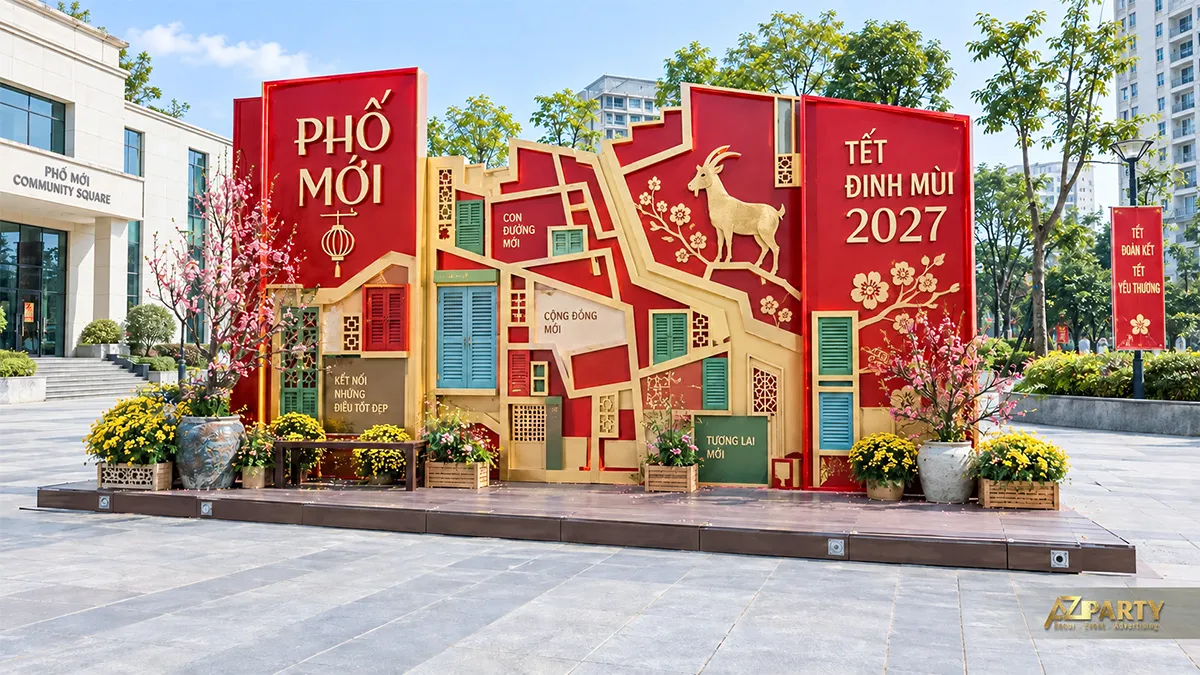 Phố mới với mảng nền đỏ, cửa sổ nhiều màu và hoa mai đào