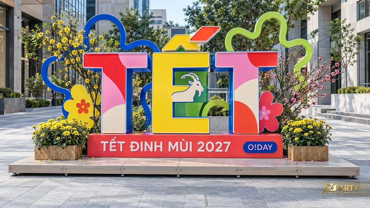 Biểu tượng chữ Tết nhiều màu với hoa mai đào và chậu cúc
