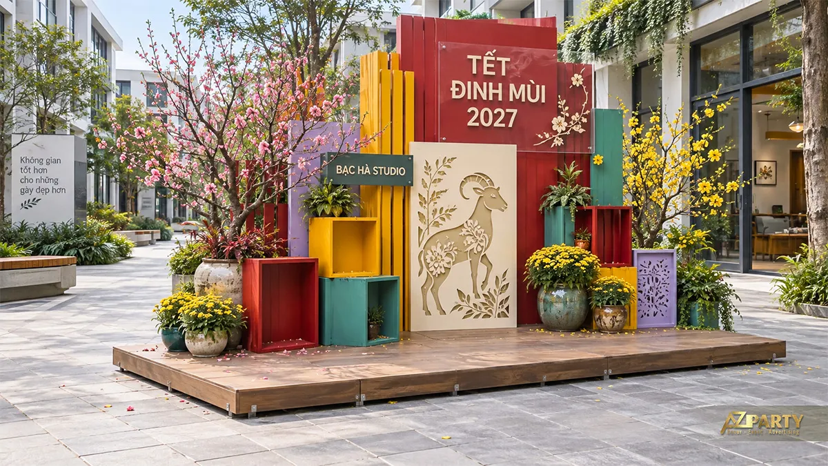 Sân khấu sắc màu tại khu đô thị với hình dê, hoa mai và hoa đào