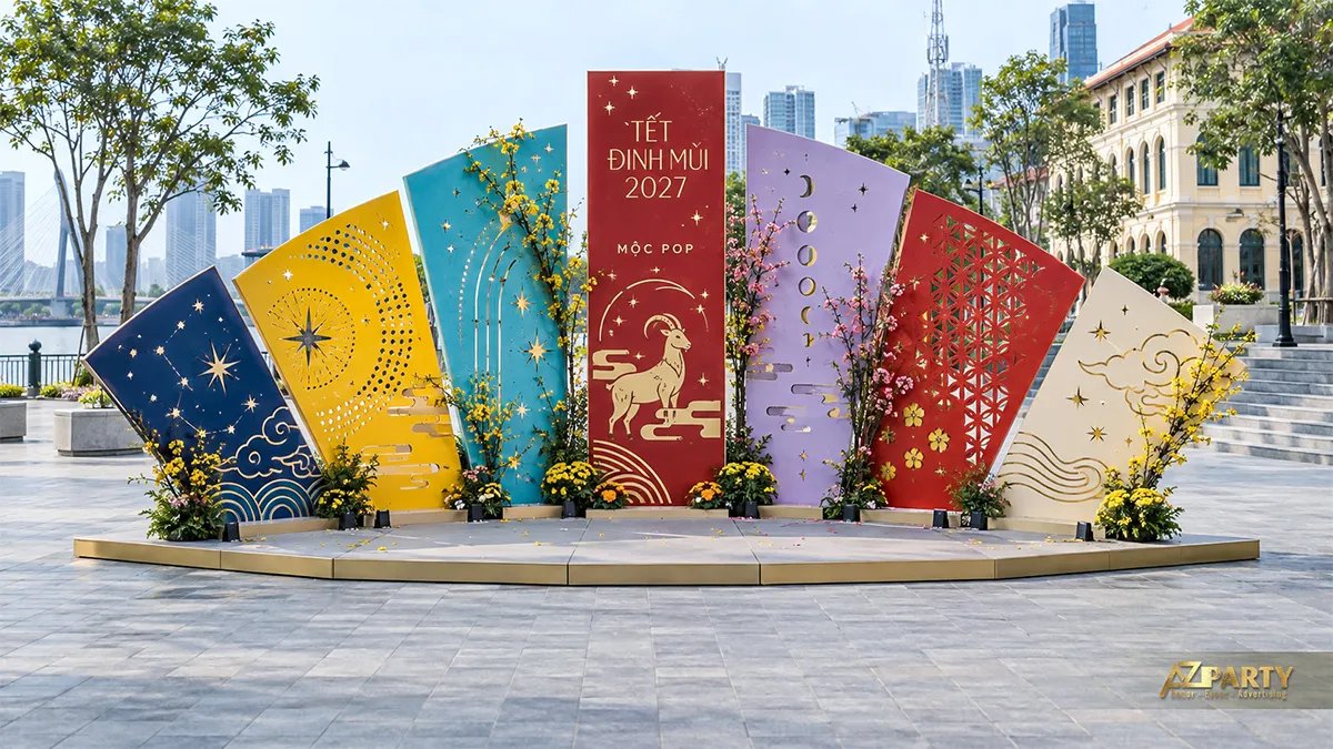 Backdrop nhiều màu ven sông với hình dê, mảng sao và hoa xuân