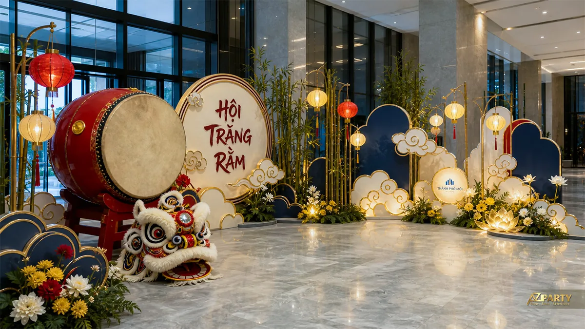 Đầu lân và trống hội bên khung trăng