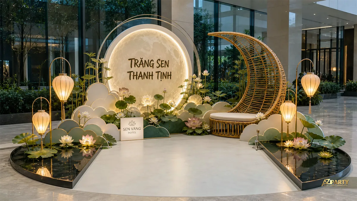 Ghế mây dưới vầng trăng và lồng đèn