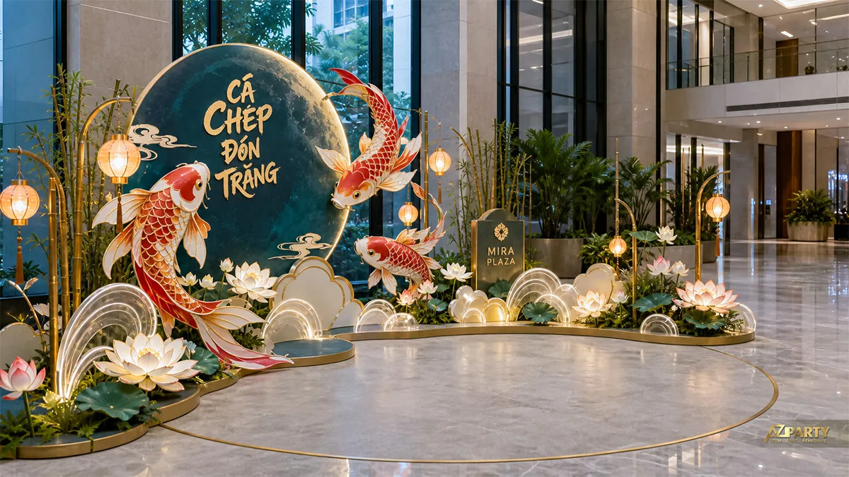 Cá chép đỏ bên hoa sen và vầng trăng