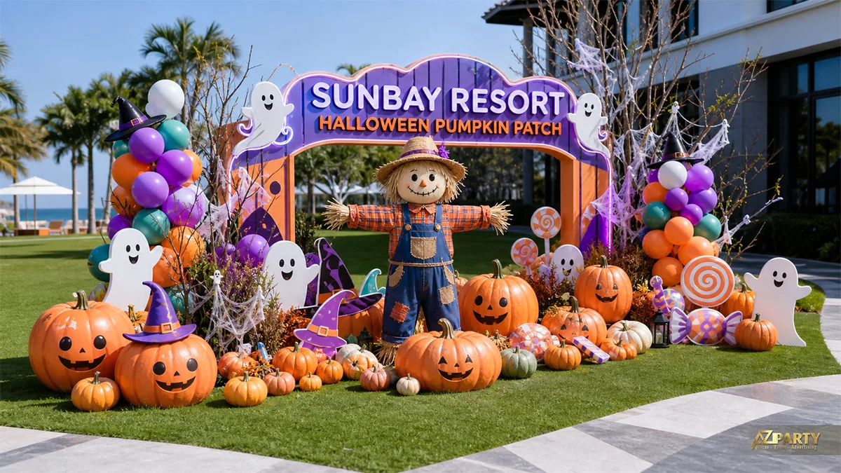 Tiểu cảnh vườn bí ngô Halloween tại resort với bù nhìn rơm, ma trắng và kẹo