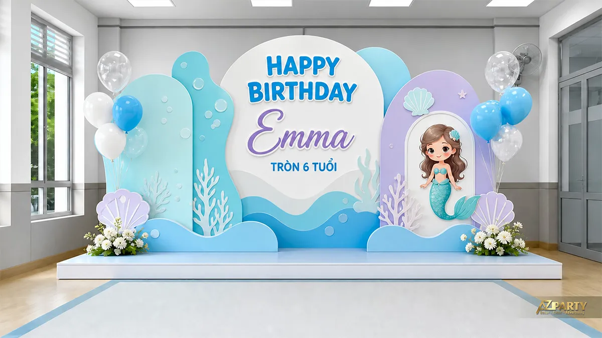 Backdrop sinh nhật tại trường cho Emma tròn 6 tuổi, chủ đề nàng tiên cá với tông xanh biển tím.
