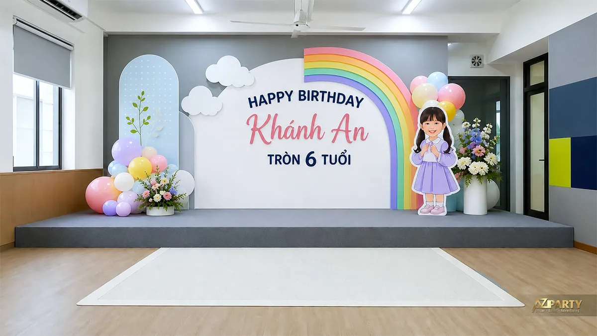 Backdrop sinh nhật tại trường cho Khánh An tròn 6 tuổi, có cầu vồng, mây, bóng pastel và hình bé gái.