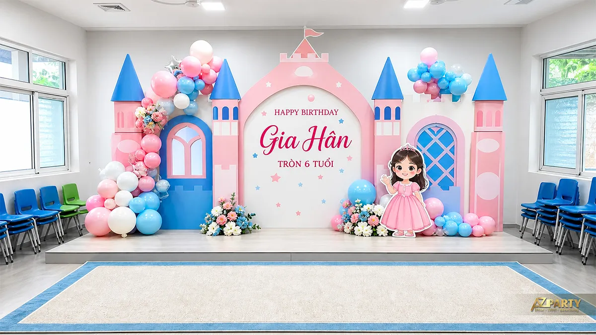 Backdrop sinh nhật tại trường cho Gia Hân tròn 6 tuổi, chủ đề lâu đài tông hồng xanh, phối hoa và bóng pastel.