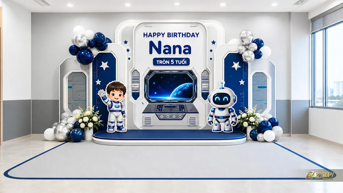 Backdrop sinh nhật tại trường cho Nana tròn 5 tuổi, chủ đề phi hành gia với robot, tên lửa và bóng xanh bạc.