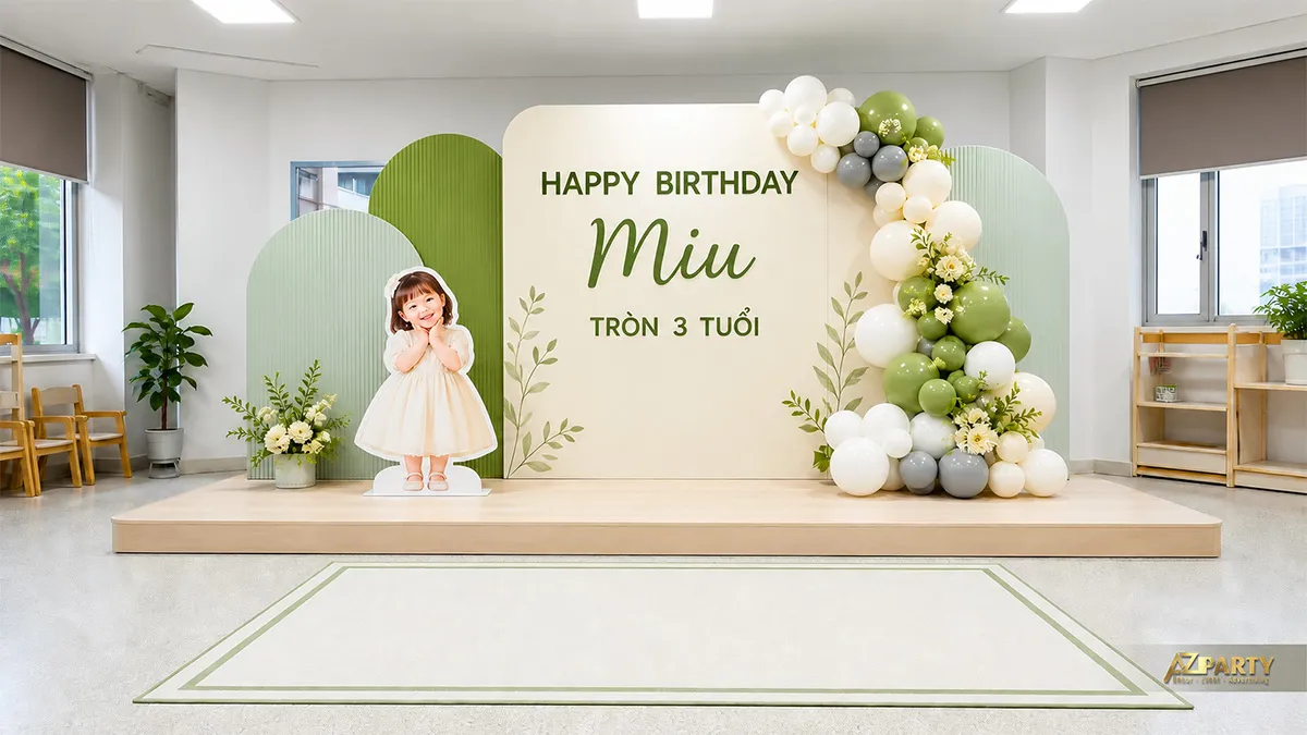 Backdrop sinh nhật tại trường cho Miu tròn 3 tuổi, tông xanh olive kem, phối bóng trắng và hoa.