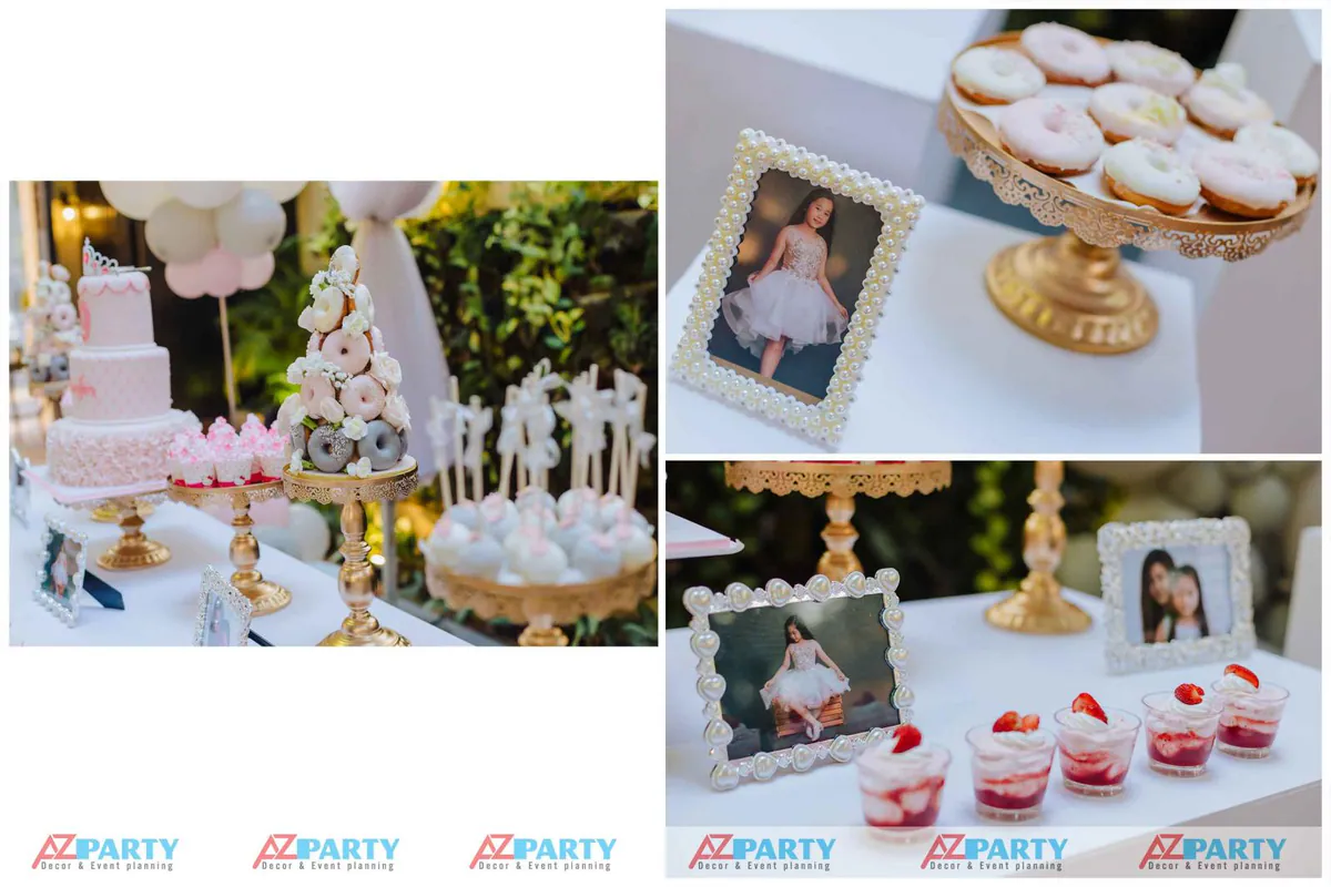 Các khay đựng bánh cupcake, donut ngọt ngào và khung ảnh đính ngọc trai nhân tạo sang trọng trưng bày trên bàn gallery tiệc sinh nhật.