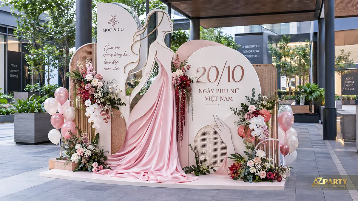 Backdrop 20/10 tông hồng phấn với tượng phụ nữ, hoa tươi và bóng bay tại sảnh ngoài trời