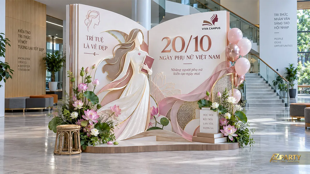 Backdrop ngày Phụ nữ Việt Nam với hình phụ nữ cầm sách, hoa sen và bóng bay hồng ở sảnh học viện