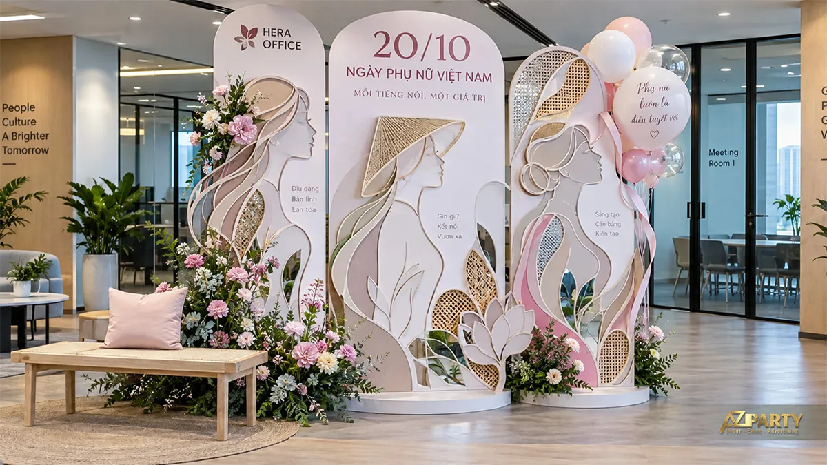 Backdrop 20/10 gồm ba mảng vách hình phụ nữ, hoa tươi và ghế băng tại văn phòng