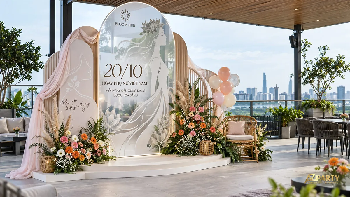Backdrop 20/10 ngoài trời với hình phụ nữ, vải hồng và hoa đồng tiền