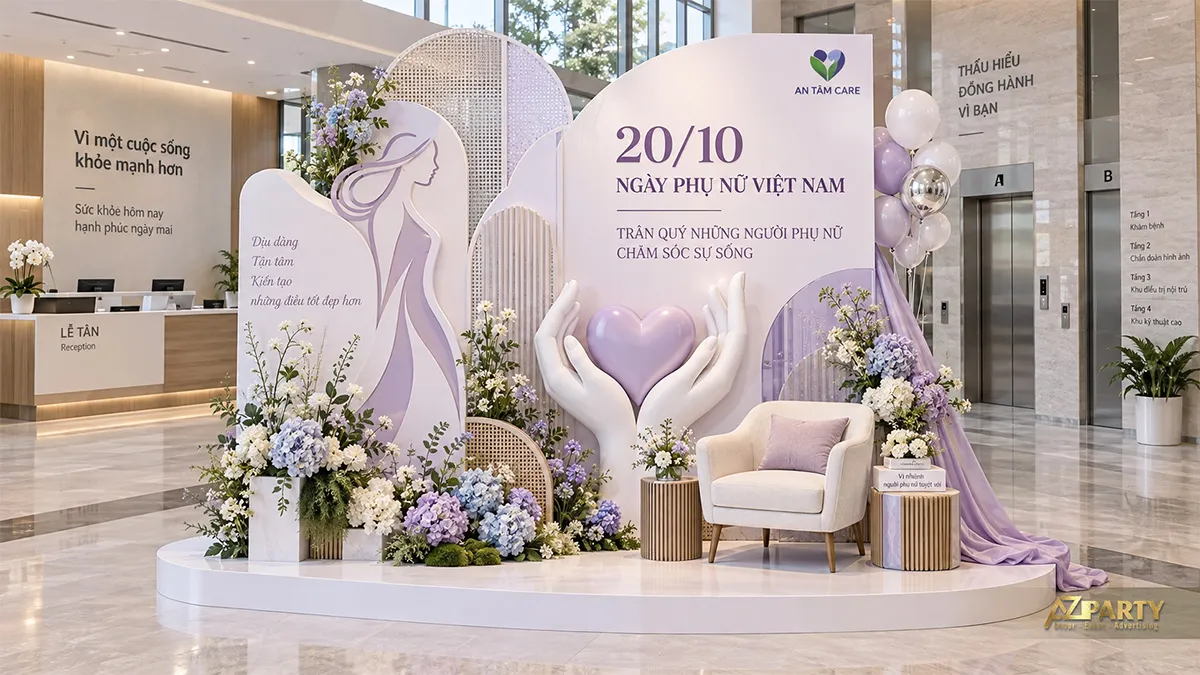 Backdrop ngày Phụ nữ Việt Nam tông tím với biểu tượng trái tim tại sảnh cơ sở y tế