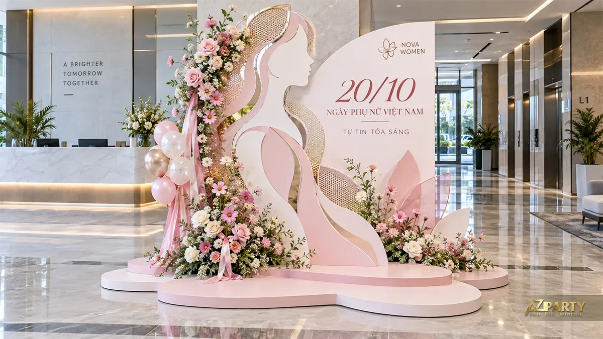 Backdrop 20/10 hồng pastel với tượng phụ nữ, hoa tươi và quầy lễ tân phía sau