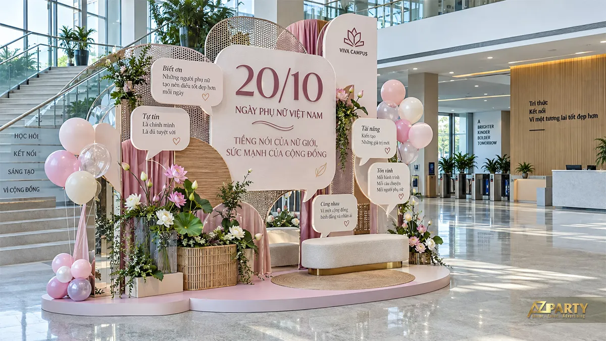 Backdrop 20/10 tại sảnh học viện với bảng thông điệp và hoa sen
