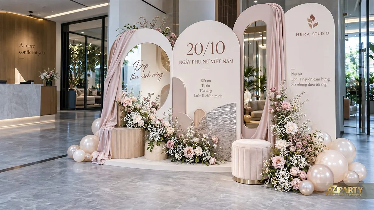 Backdrop 20/10 dùng khung vòm, rèm lụa và ghế đơn màu hồng phấn