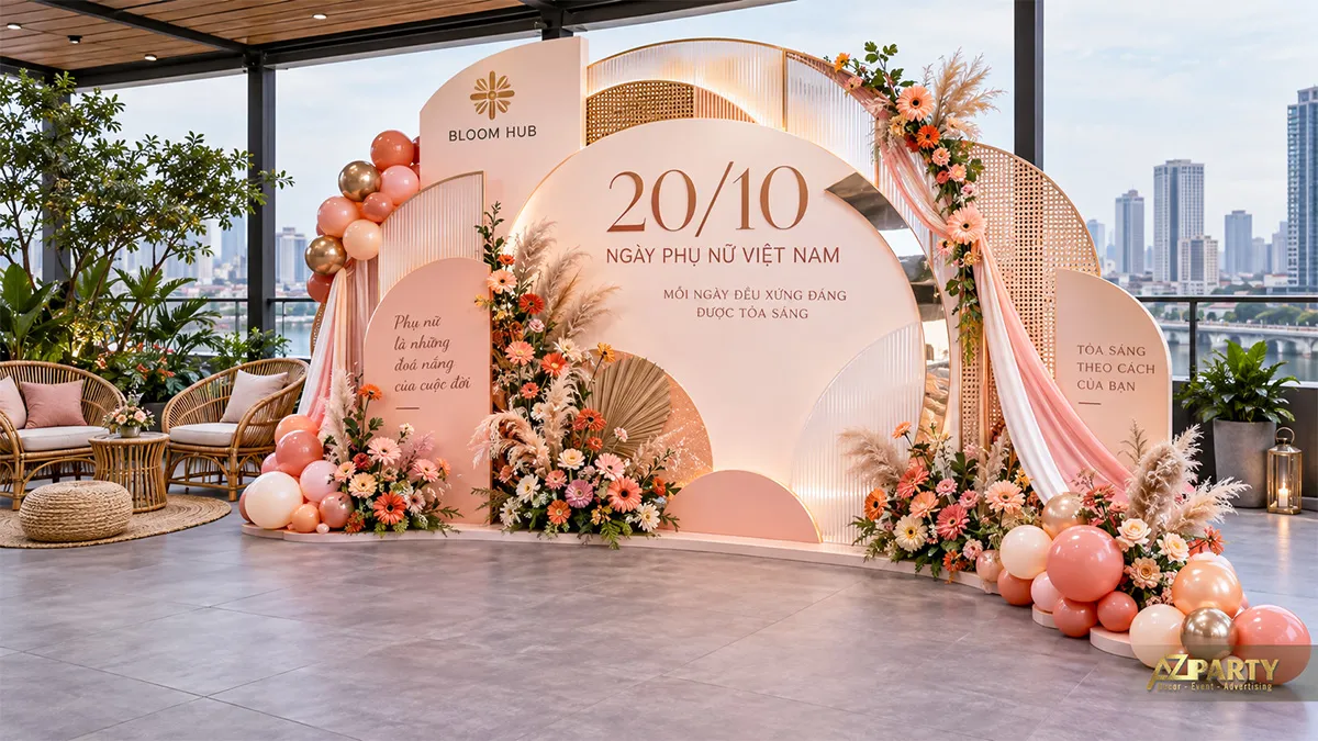 Backdrop 20/10 ngoài trời tông cam đào với hoa đồng tiền và bóng bay