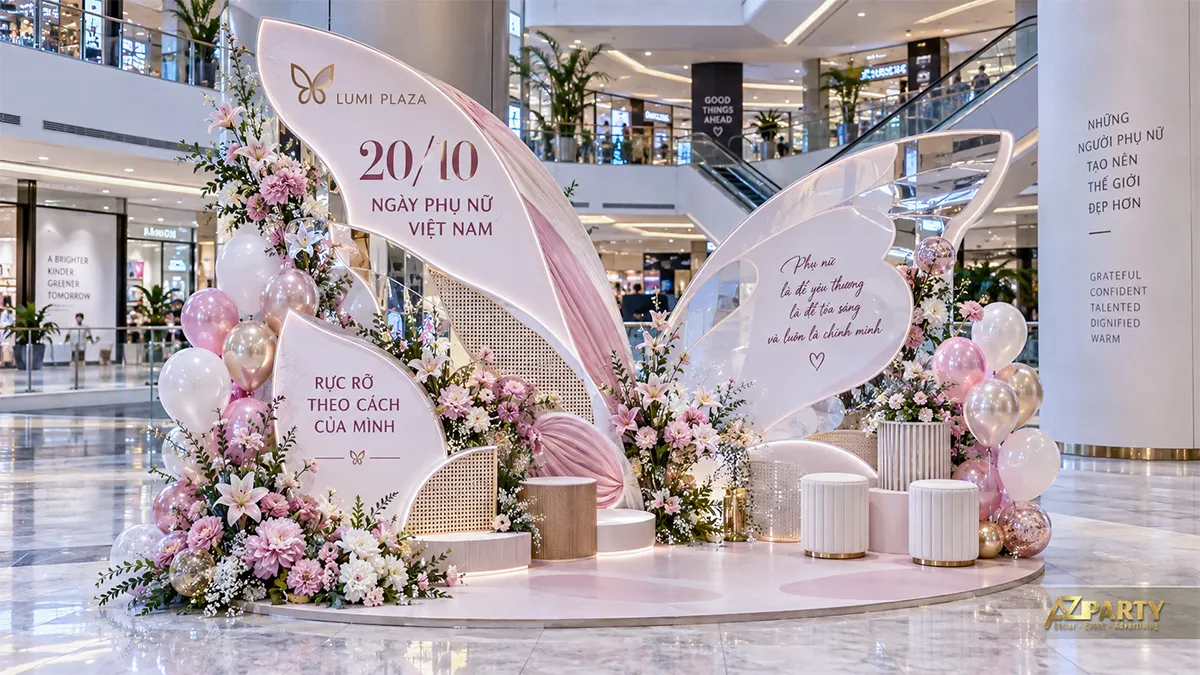 Backdrop 20/10 tại trung tâm thương mại với cánh hoa trong suốt và bóng bay hồng