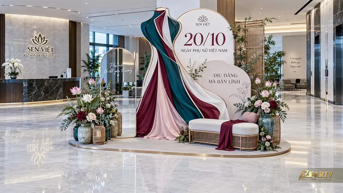 Backdrop 20/10 đỏ rượu tại sảnh với tượng phụ nữ và dải vải xanh ngọc