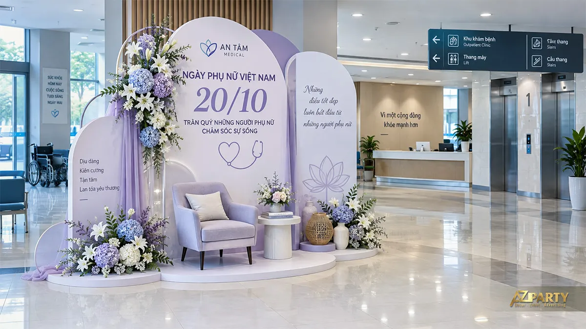 Tiểu cảnh ngày Phụ nữ Việt Nam tại bệnh viện với ghế đơn và hoa tím