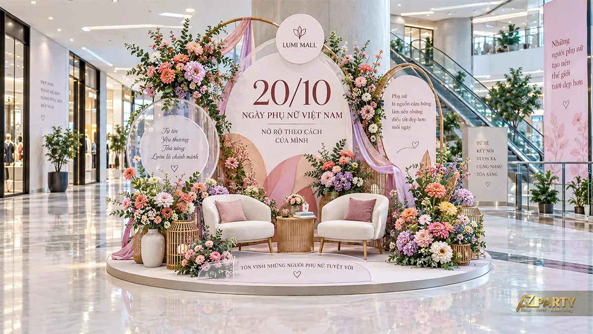Backdrop 20/10 tại trung tâm thương mại với hai ghế check-in và hoa nhiều màu