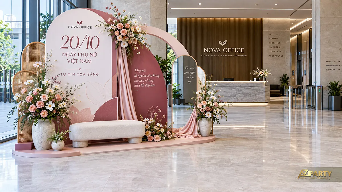 Góc trang trí 20/10 tại sảnh văn phòng với rèm lụa hồng, ghế băng và hoa