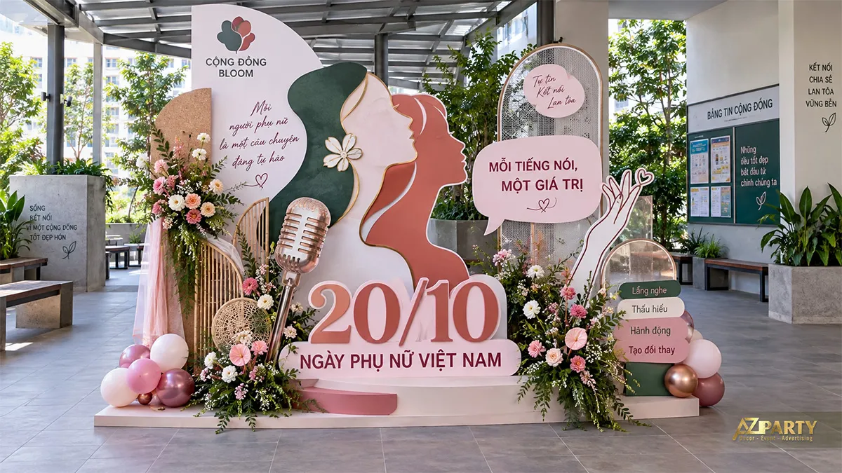 Backdrop 20/10 chủ đề cộng đồng với hình phụ nữ, micro và bảng thông điệp