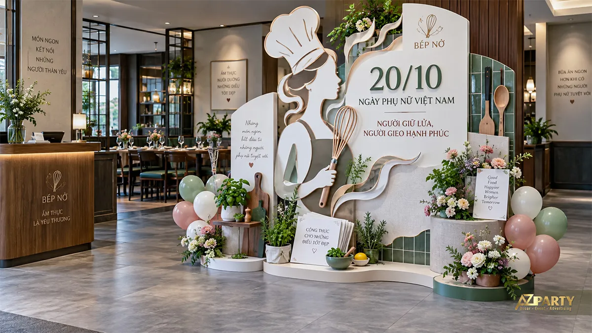 Backdrop ngày Phụ nữ Việt Nam chủ đề đầu bếp tại nhà hàng với đạo cụ bếp