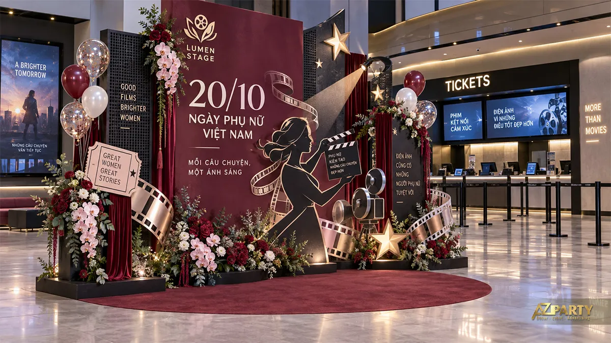Backdrop 20/10 chủ đề điện ảnh với rèm nhung đỏ, máy quay và thảm đỏ