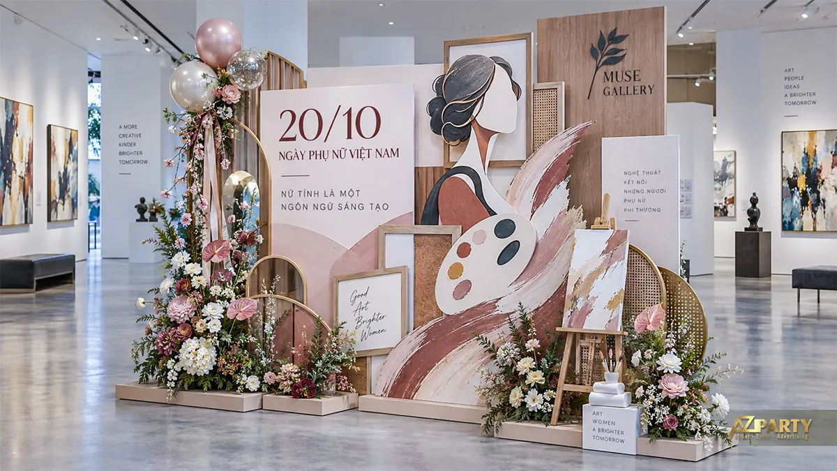 Backdrop 20/10 chủ đề nghệ thuật với bảng màu, khung tranh và giá vẽ