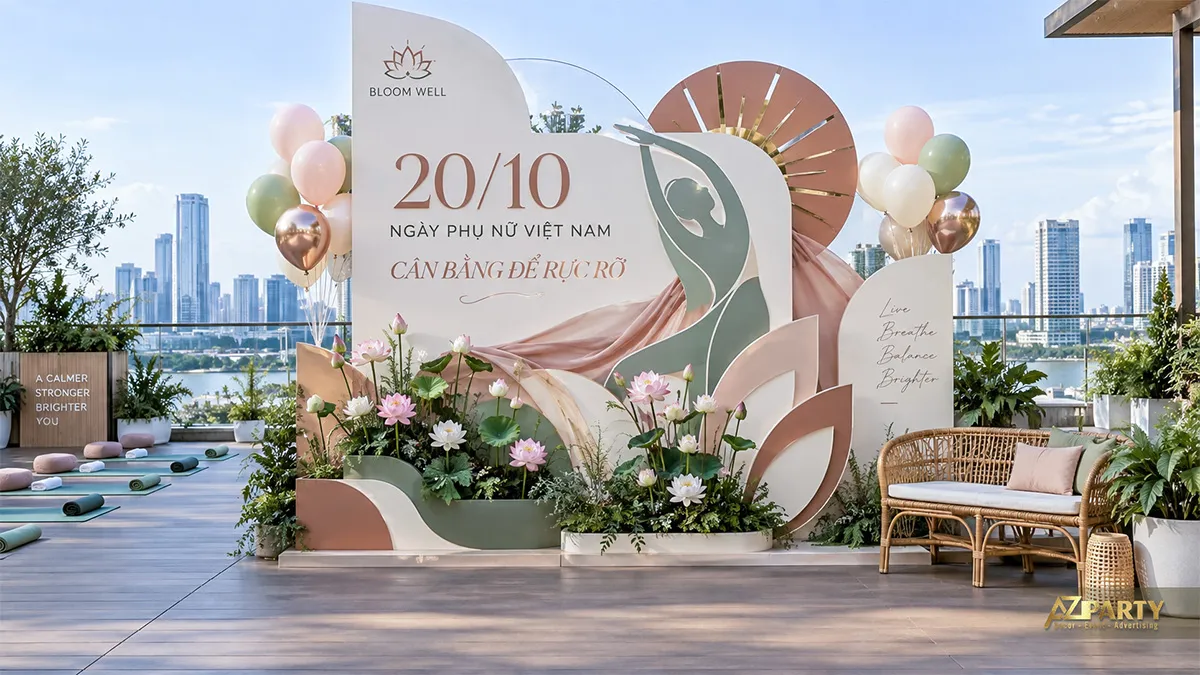 Góc check-in 20/10 ngoài trời chủ đề wellness với hoa sen và thảm yoga