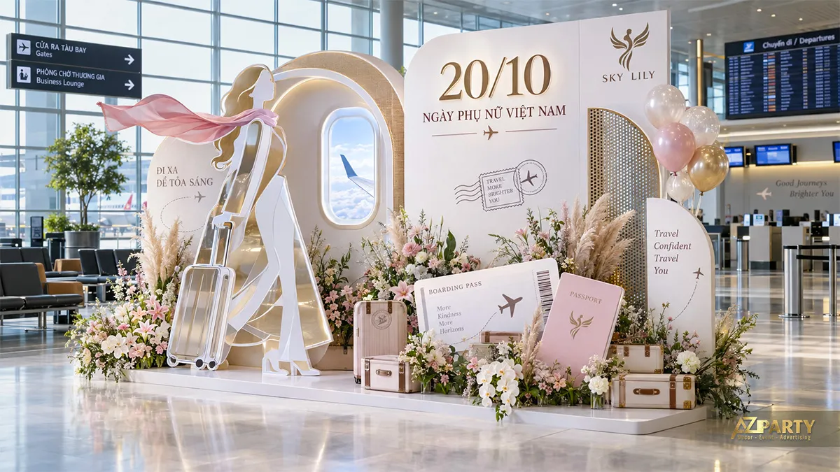 Backdrop ngày Phụ nữ Việt Nam tại sân bay với hình hành khách và vali