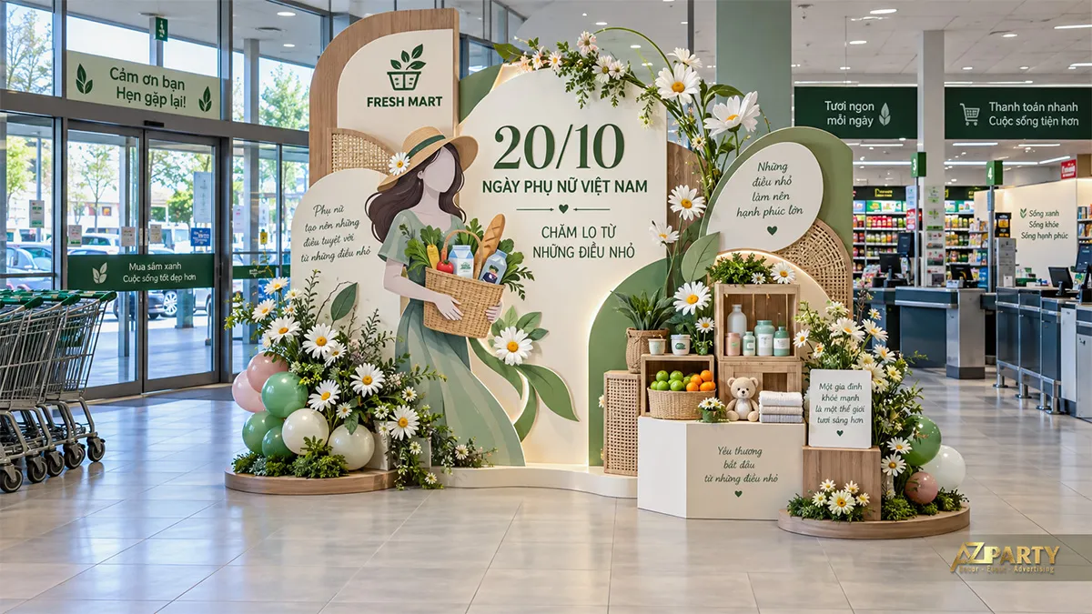 Backdrop 20/10 tại siêu thị với hình phụ nữ mua sắm, hoa cúc và sản phẩm trưng bày
